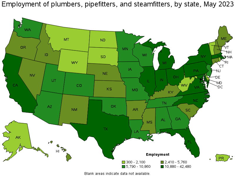 Map of employment of plumbers, pipefitters, and steamfitters by state, May 2023