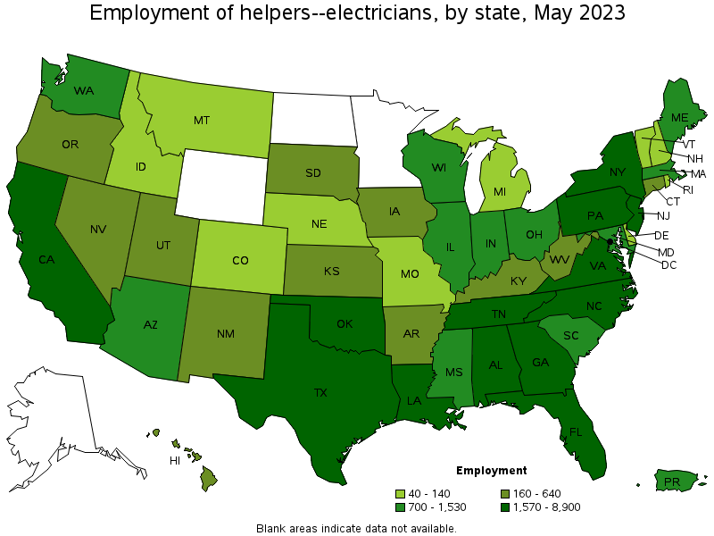 Map of employment of helpers--electricians by state, May 2023
