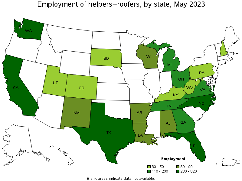 Map of employment of helpers--roofers by state, May 2023