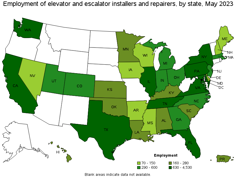 Map of employment of elevator and escalator installers and repairers by state, May 2023
