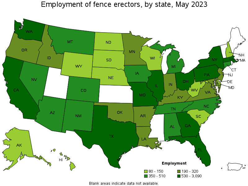 Map of employment of fence erectors by state, May 2023
