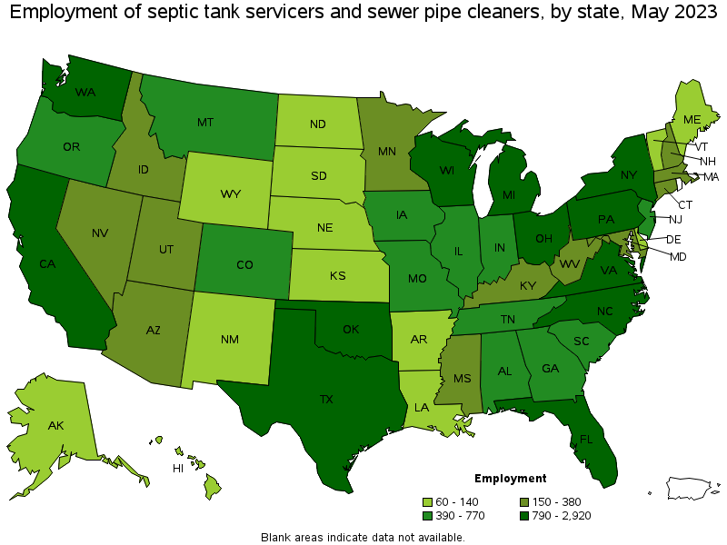Map of employment of septic tank servicers and sewer pipe cleaners by state, May 2023