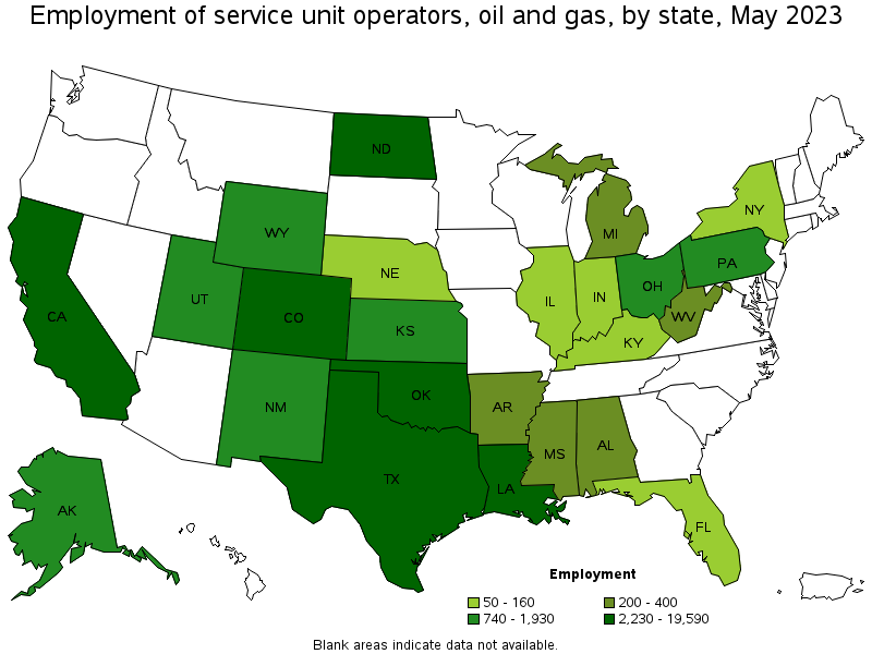 Map of employment of service unit operators, oil and gas by state, May 2023
