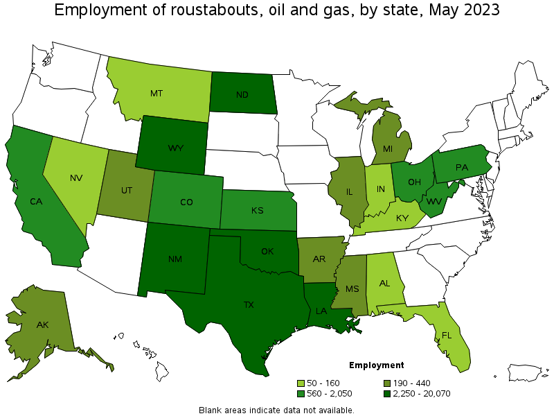 Map of employment of roustabouts, oil and gas by state, May 2023