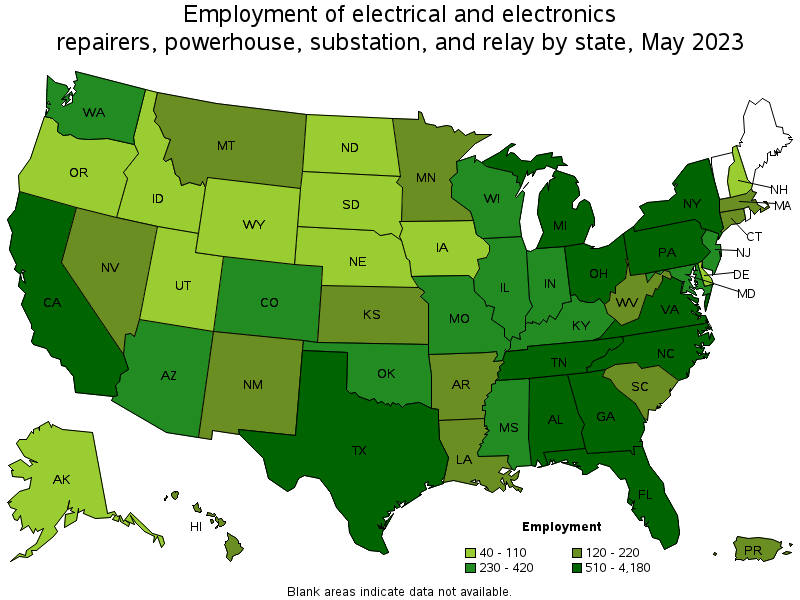 Map of employment of electrical and electronics repairers, powerhouse, substation, and relay by state, May 2023