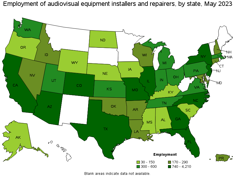 Map of employment of audiovisual equipment installers and repairers by state, May 2023