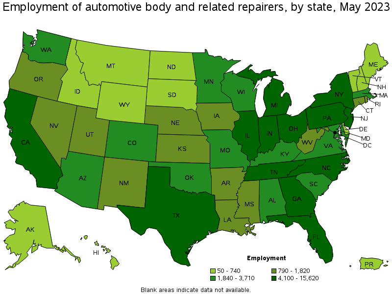 Map of employment of automotive body and related repairers by state, May 2023