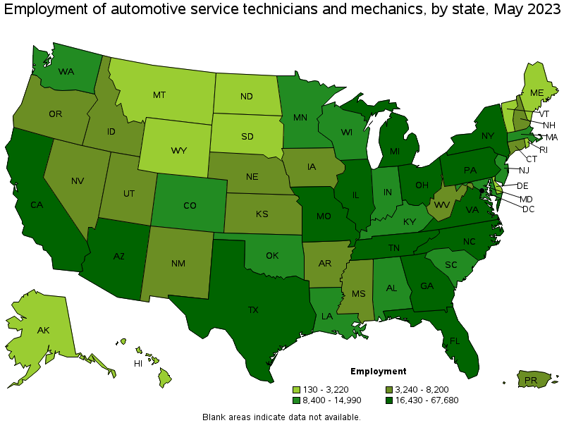 Map of employment of automotive service technicians and mechanics by state, May 2023