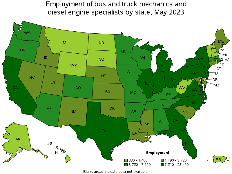 Map of employment of bus and truck mechanics and diesel engine specialists by state, May 2023