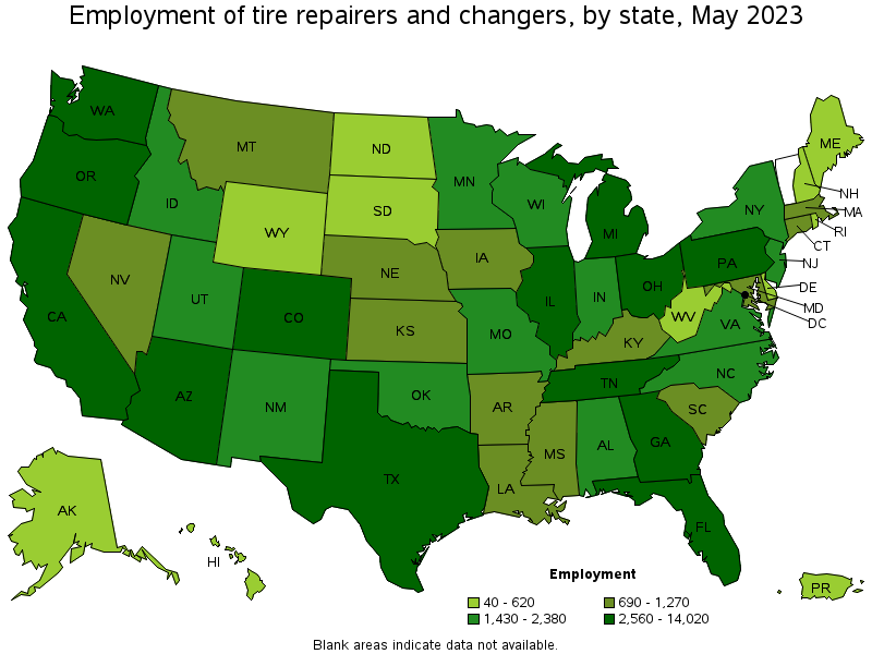 Map of employment of tire repairers and changers by state, May 2023