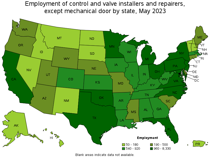 Map of employment of control and valve installers and repairers, except mechanical door by state, May 2023