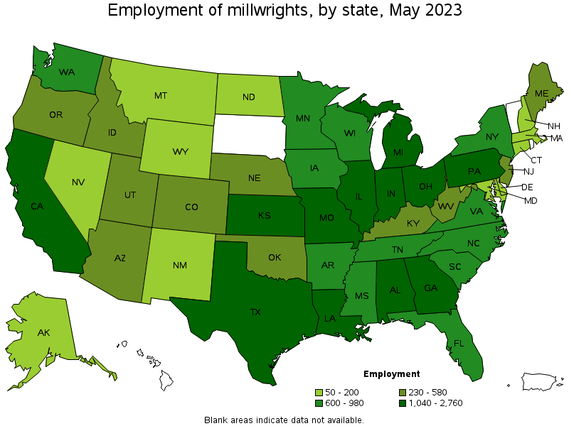 Map of employment of millwrights by state, May 2023