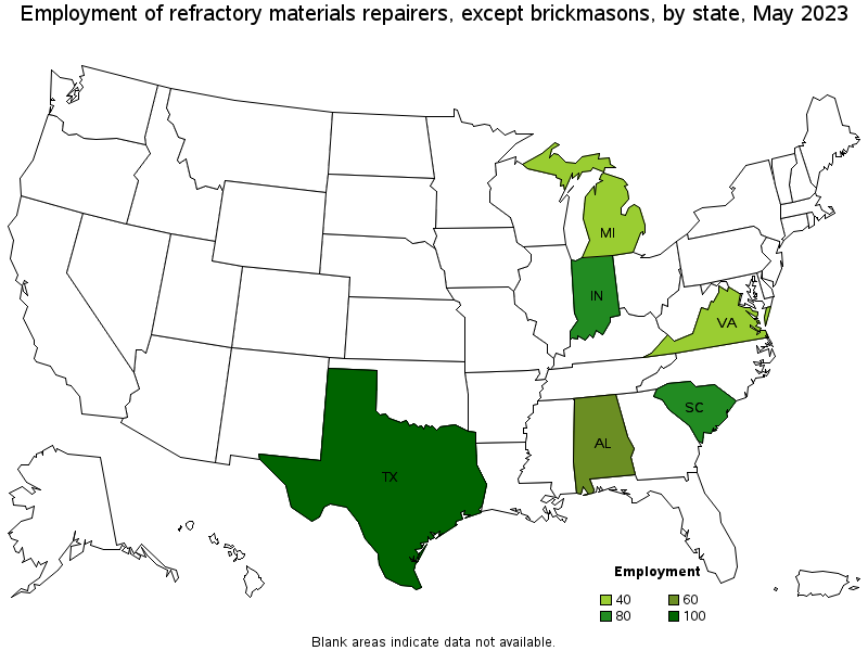 Map of employment of refractory materials repairers, except brickmasons by state, May 2023