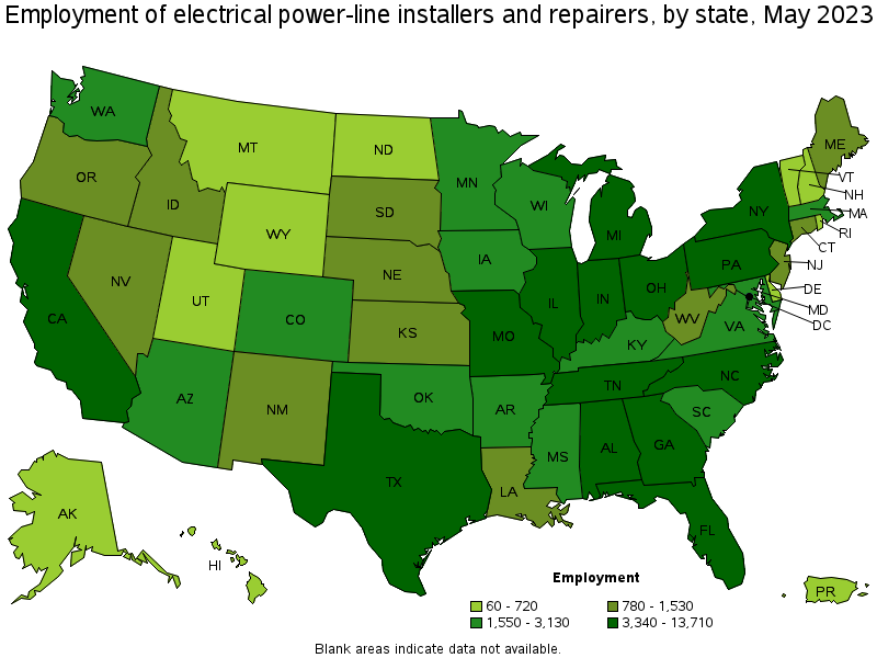 Map of employment of electrical power-line installers and repairers by state, May 2023