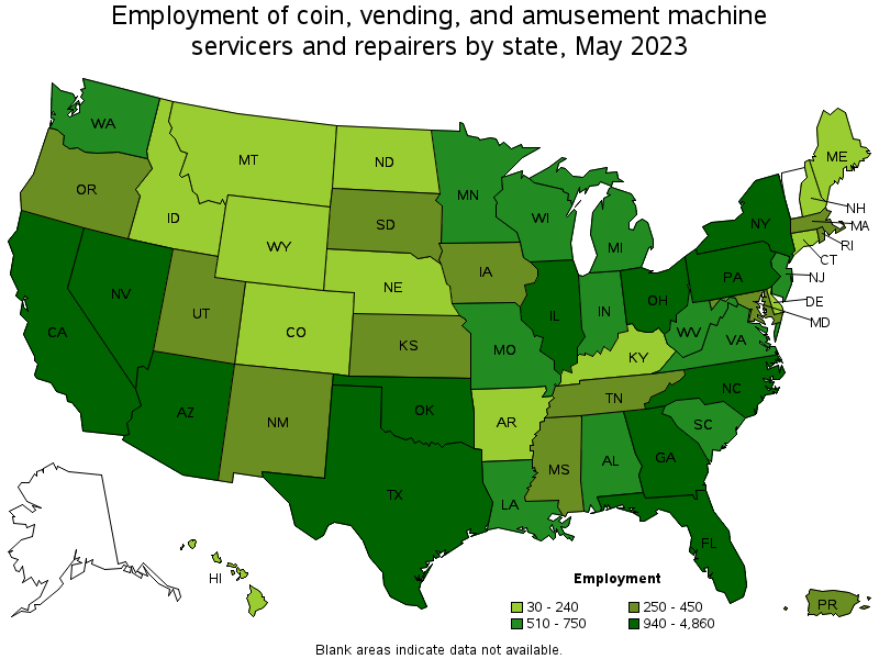 Map of employment of coin, vending, and amusement machine servicers and repairers by state, May 2023