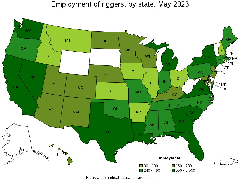 Map of employment of riggers by state, May 2023