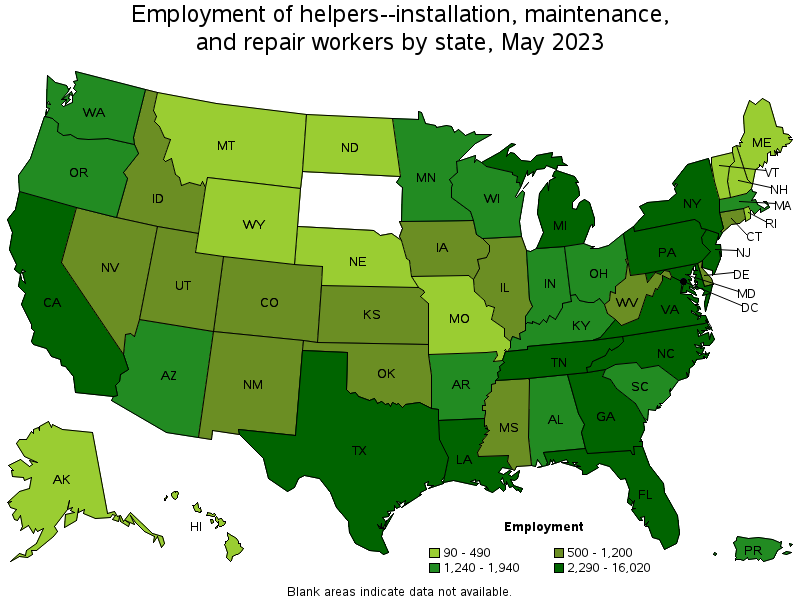 Map of employment of helpers--installation, maintenance, and repair workers by state, May 2023