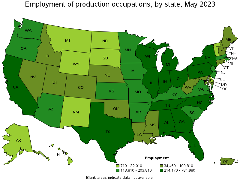 Map of employment of production occupations by state, May 2023