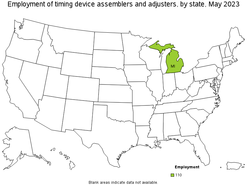Map of employment of timing device assemblers and adjusters by state, May 2023