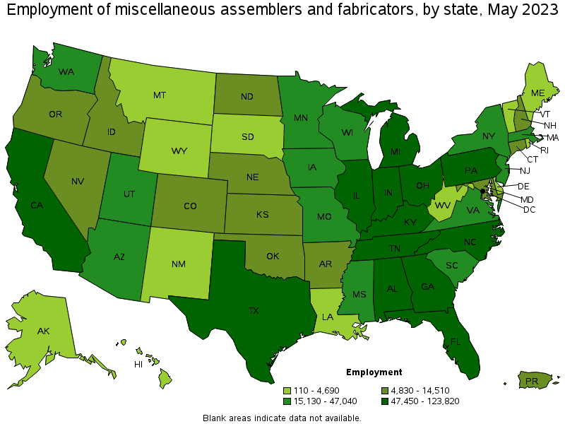 Map of employment of miscellaneous assemblers and fabricators by state, May 2023