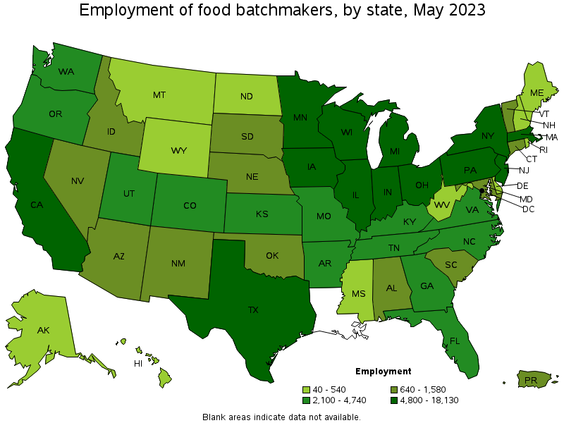 Map of employment of food batchmakers by state, May 2023
