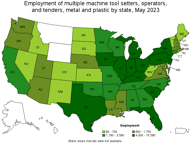 Map of employment of multiple machine tool setters, operators, and tenders, metal and plastic by state, May 2023