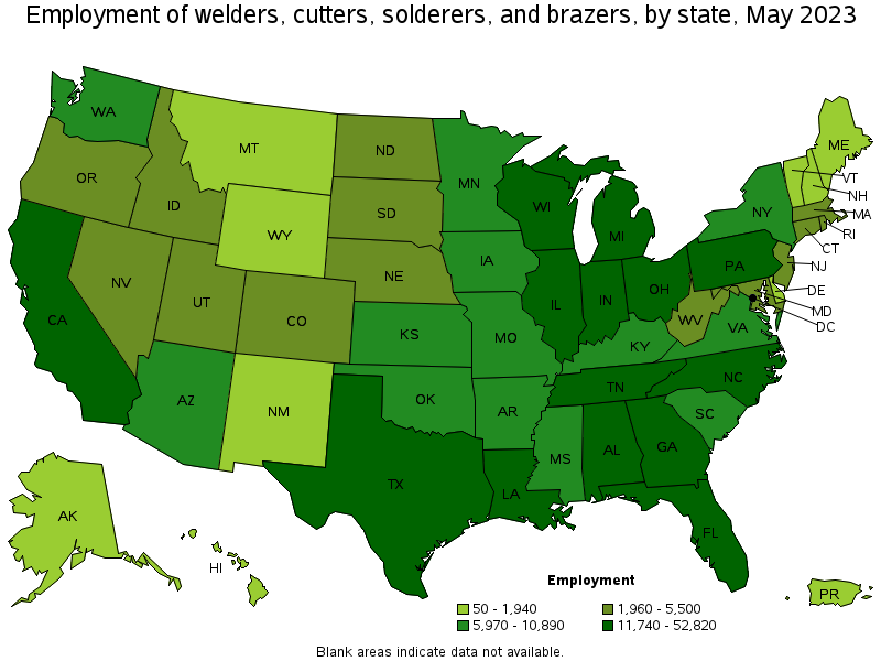 Map of employment of welders, cutters, solderers, and brazers by state, May 2023