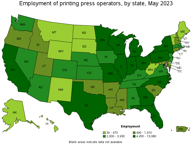 Map of employment of printing press operators by state, May 2023