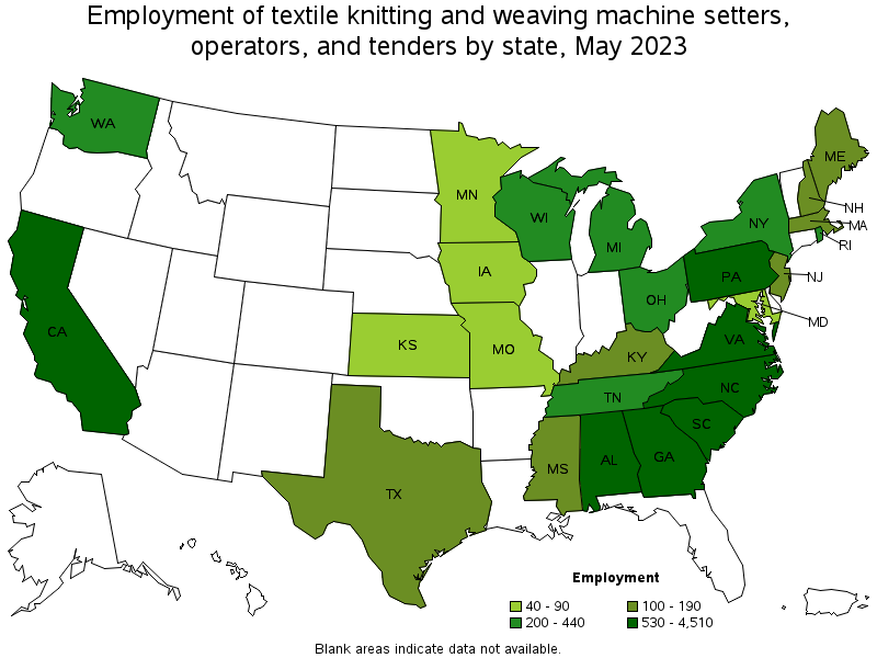 Map of employment of textile knitting and weaving machine setters, operators, and tenders by state, May 2023