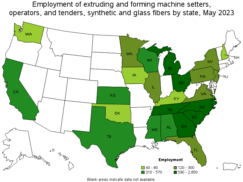 Map of employment of extruding and forming machine setters, operators, and tenders, synthetic and glass fibers by state, May 2023