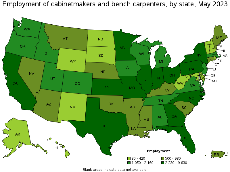 Map of employment of cabinetmakers and bench carpenters by state, May 2023