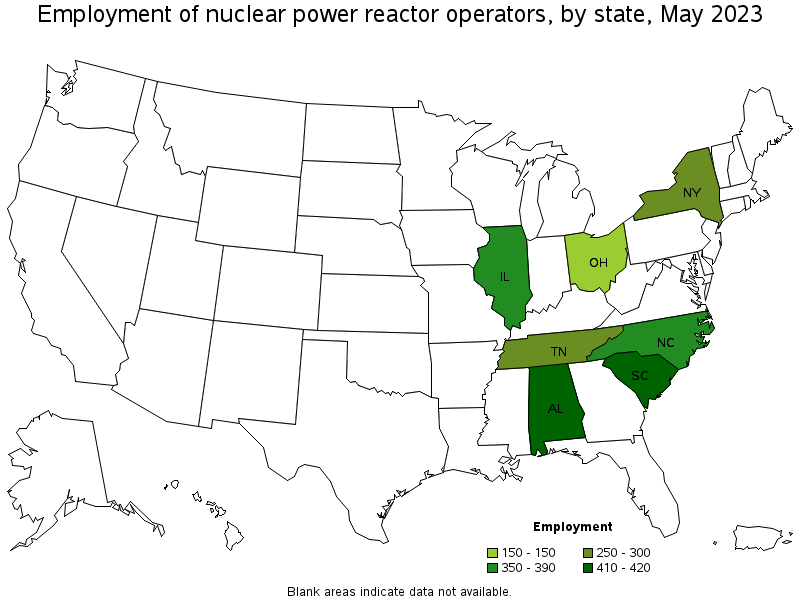 Map of employment of nuclear power reactor operators by state, May 2023