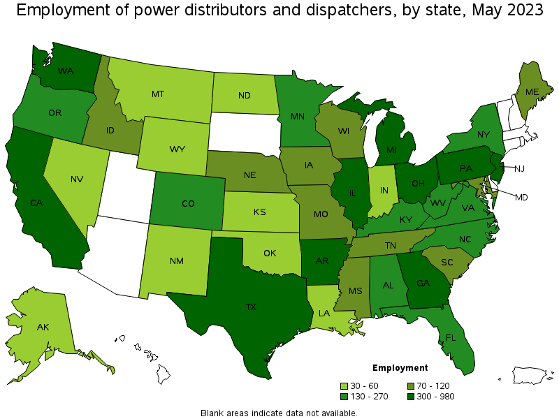 Map of employment of power distributors and dispatchers by state, May 2023