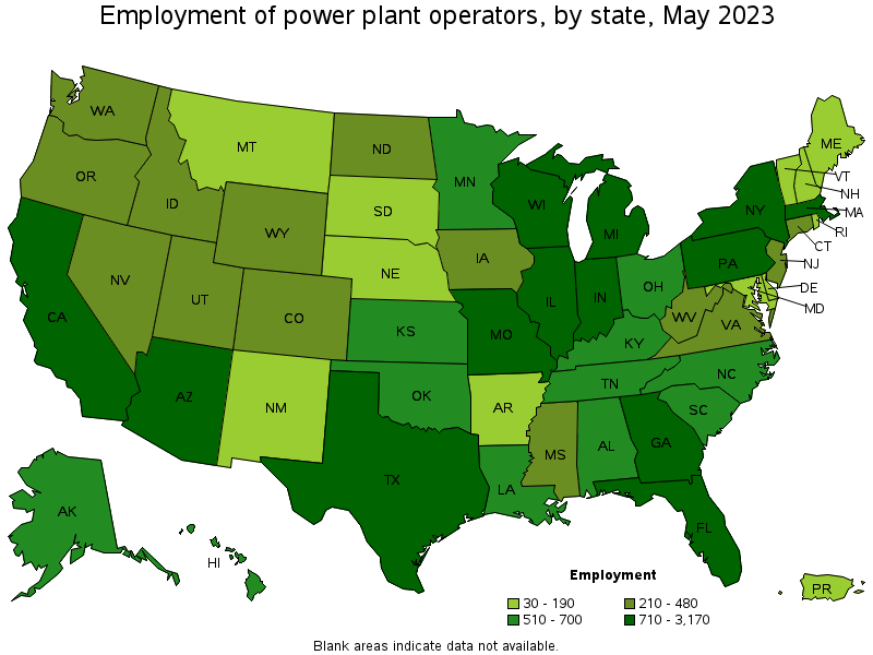 Map of employment of power plant operators by state, May 2023