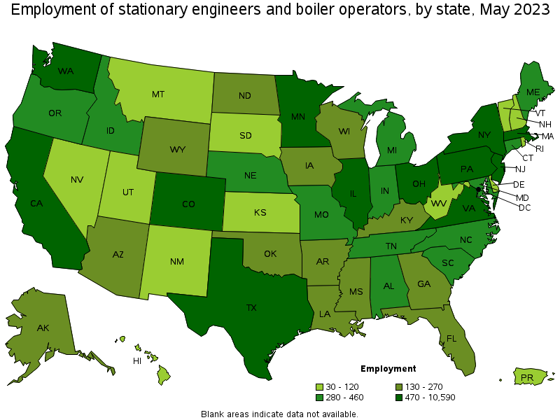 Map of employment of stationary engineers and boiler operators by state, May 2023