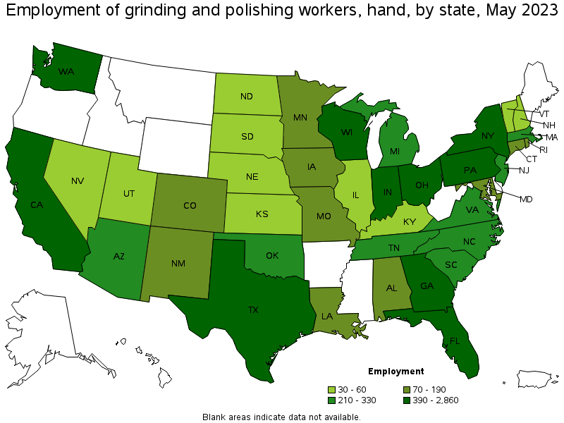 Map of employment of grinding and polishing workers, hand by state, May 2023