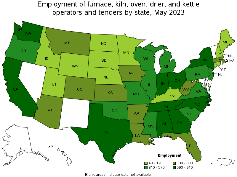 Map of employment of furnace, kiln, oven, drier, and kettle operators and tenders by state, May 2023