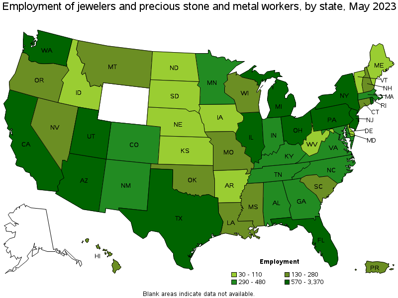 Map of employment of jewelers and precious stone and metal workers by state, May 2023
