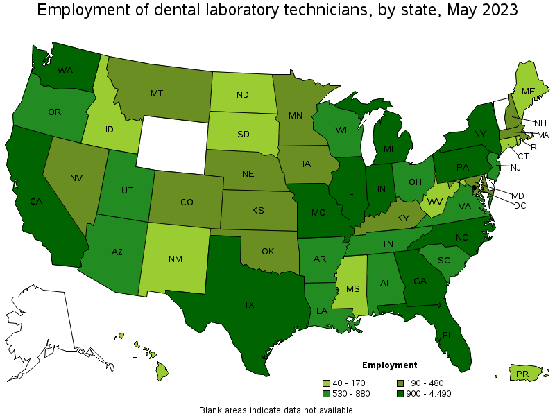 Map of employment of dental laboratory technicians by state, May 2023