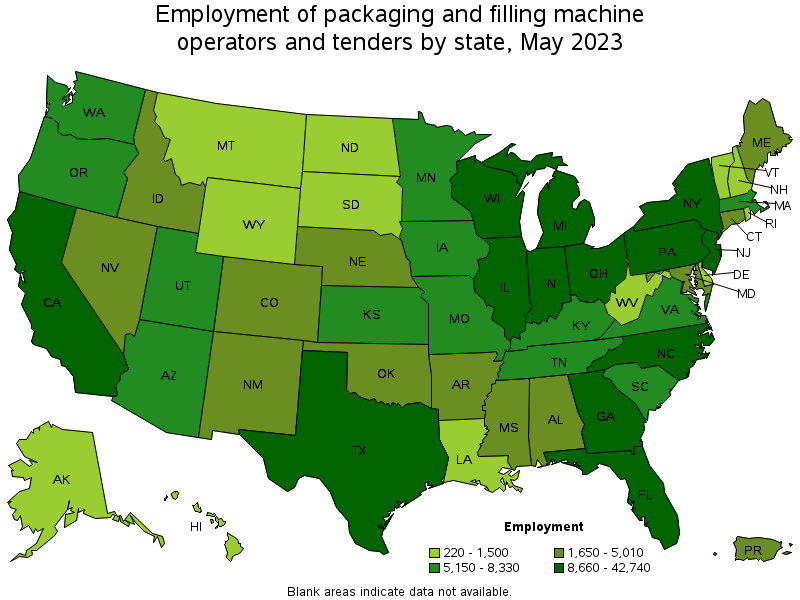Map of employment of packaging and filling machine operators and tenders by state, May 2023