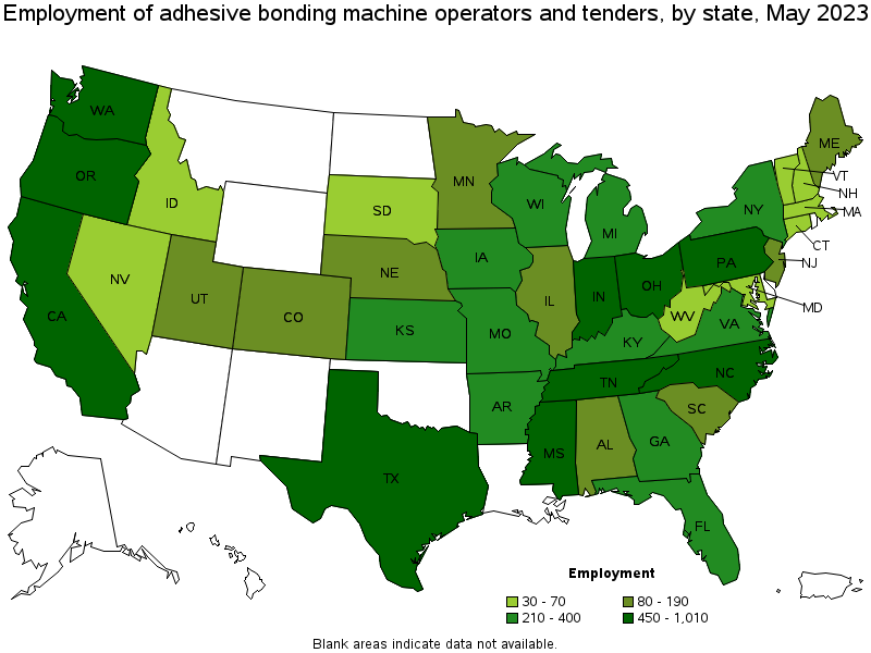 Map of employment of adhesive bonding machine operators and tenders by state, May 2023