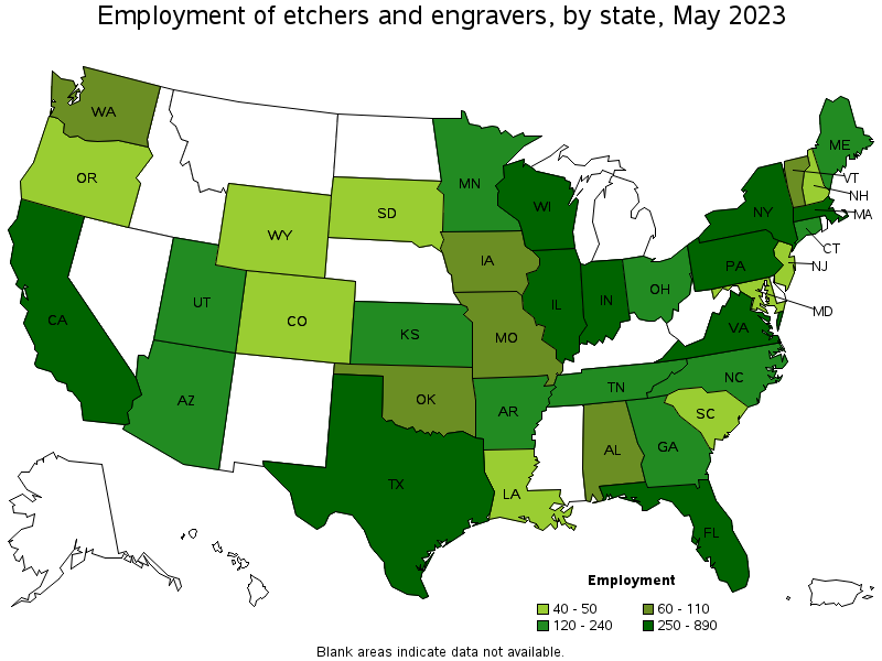 Map of employment of etchers and engravers by state, May 2023
