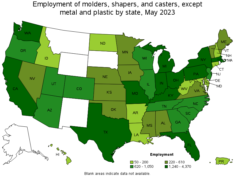 Map of employment of molders, shapers, and casters, except metal and plastic by state, May 2023