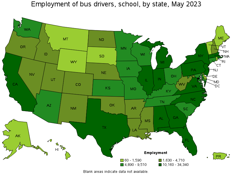 Map of employment of bus drivers, school by state, May 2023