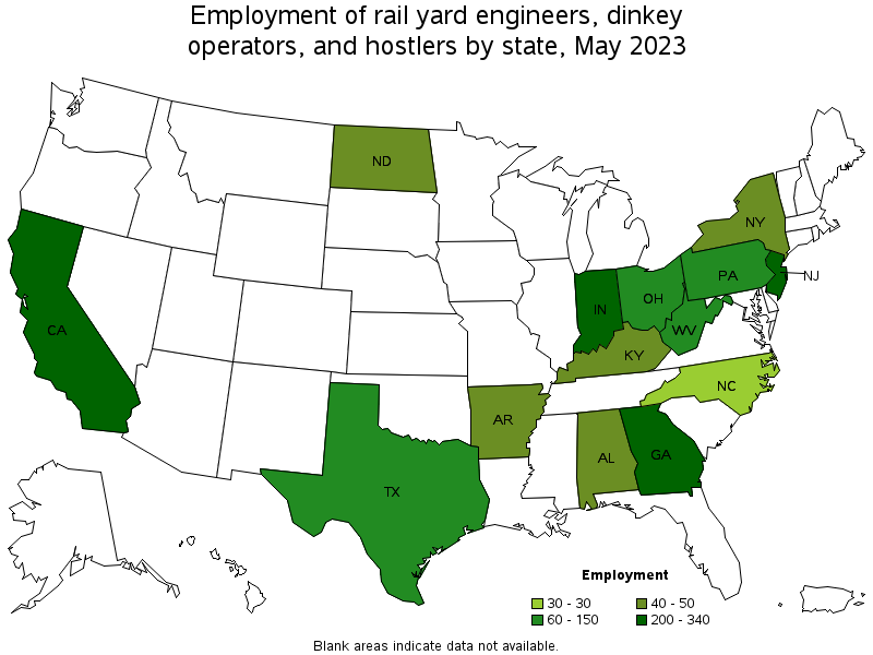 Map of employment of rail yard engineers, dinkey operators, and hostlers by state, May 2023