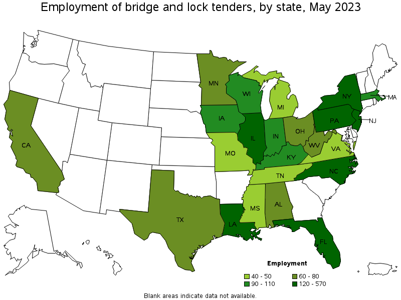 Map of employment of bridge and lock tenders by state, May 2023