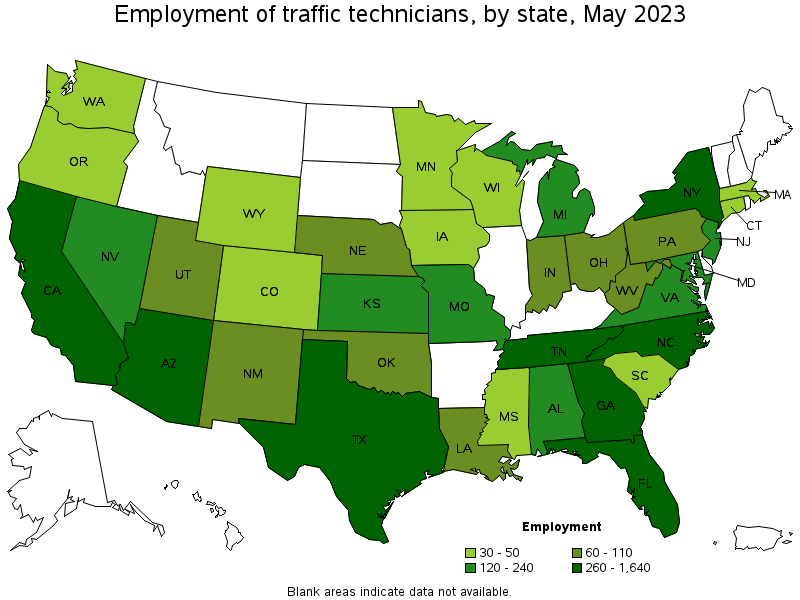 Map of employment of traffic technicians by state, May 2023