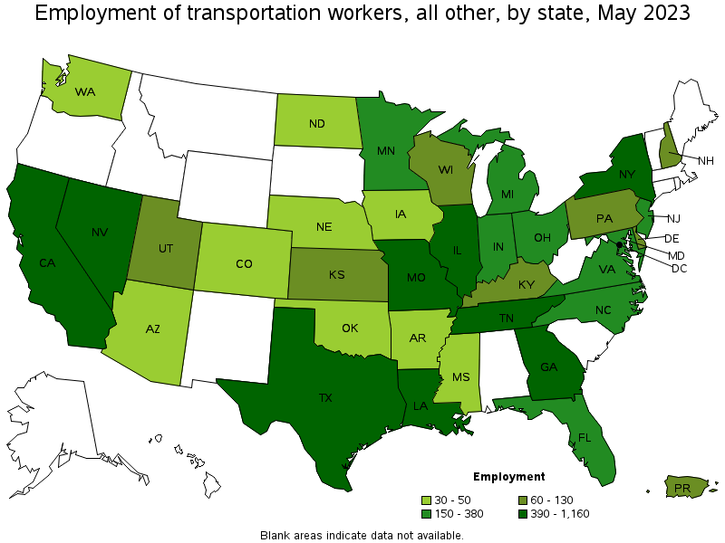 Map of employment of transportation workers, all other by state, May 2023