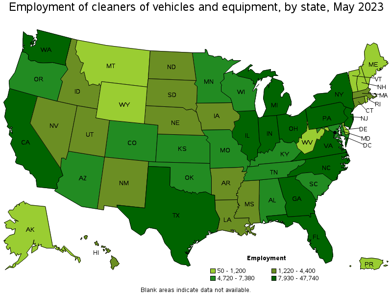 Map of employment of cleaners of vehicles and equipment by state, May 2023