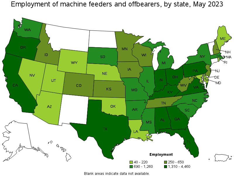 Map of employment of machine feeders and offbearers by state, May 2023